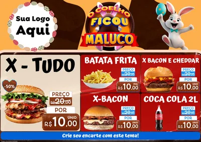 Modelo de Encarte para Encarte A4 Horizontal com o tema O Coelho Ficou Maluco - Páscoa para Hamburgueria