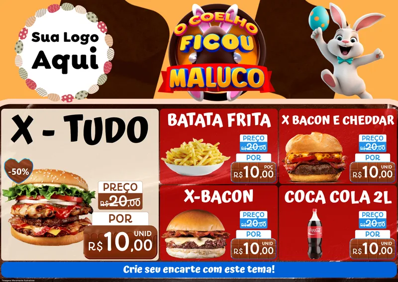 Modelo de Encarte para Encarte A4 Horizontal com o tema O Coelho Ficou Maluco - Páscoa para Hamburgueria