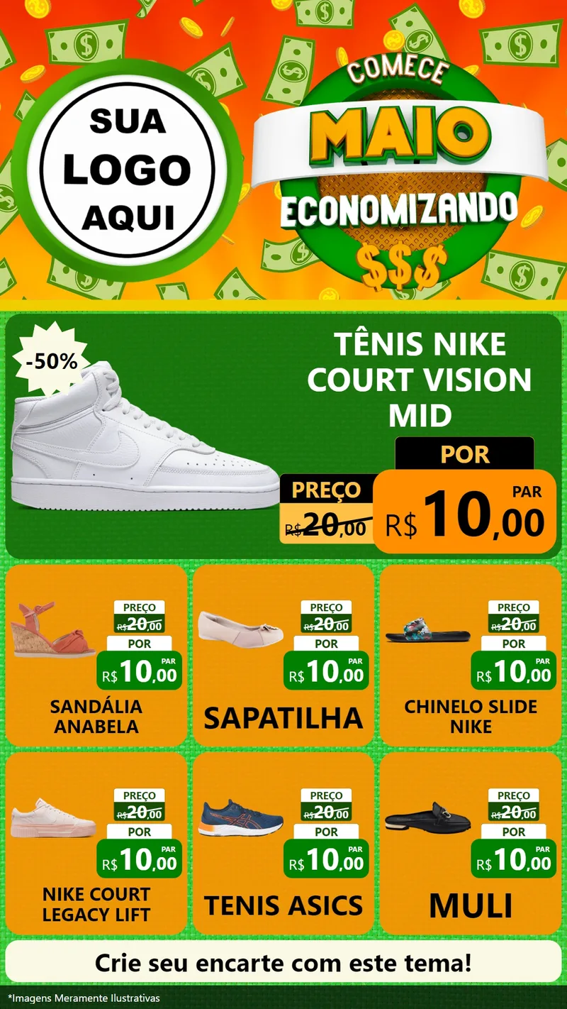 Modelo de Rede Social para Stories com o tema Comece Maio Economizando para Calçados