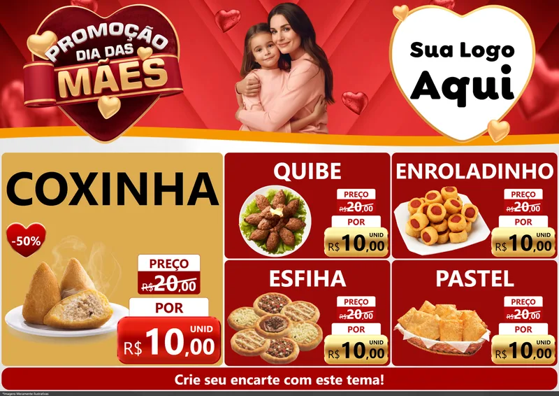 Modelo de Encarte para Encarte A4 Horizontal com o tema Promoção Dia das Mães para Salgadaria