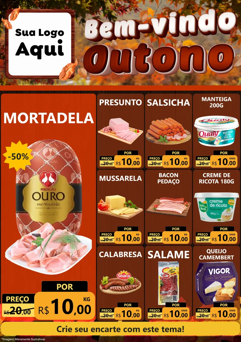 Modelo de Encarte para Encarte A4 Vertical com o tema Bem-vindo Outono para Frios e Laticínios