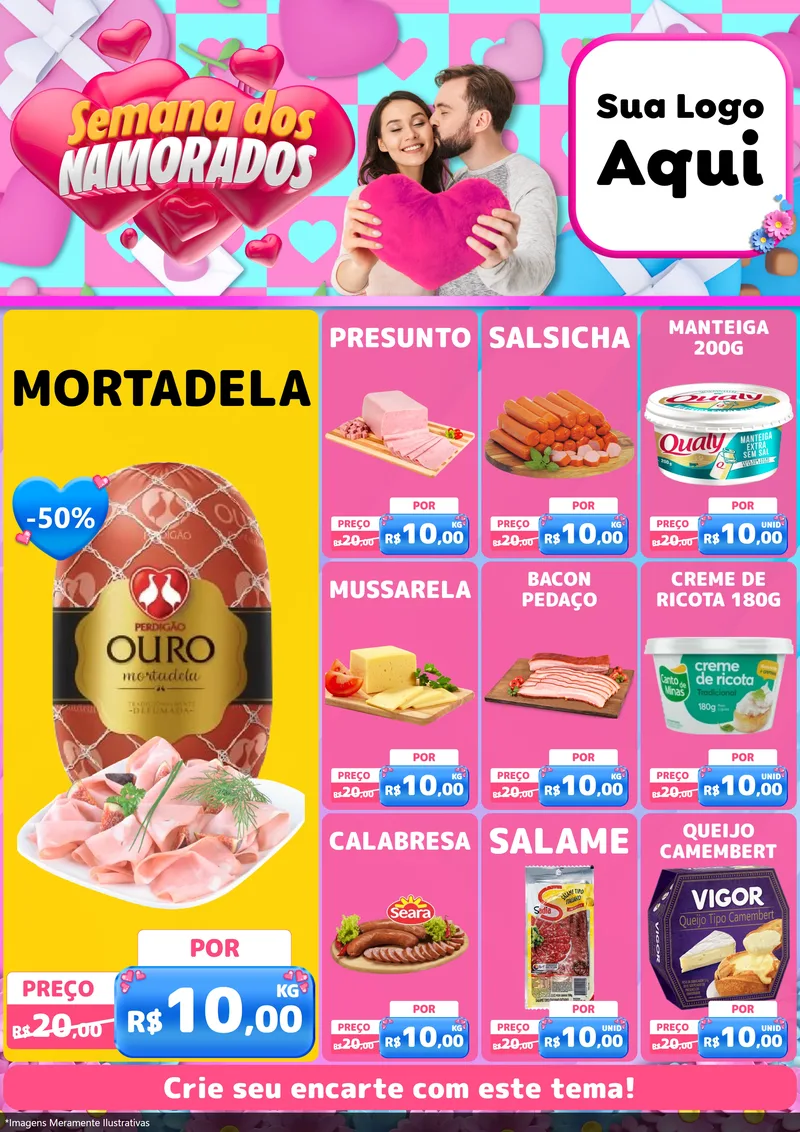Modelo de Encarte para Encarte A4 Vertical com o tema Semana dos Namorados para Frios e Laticínios