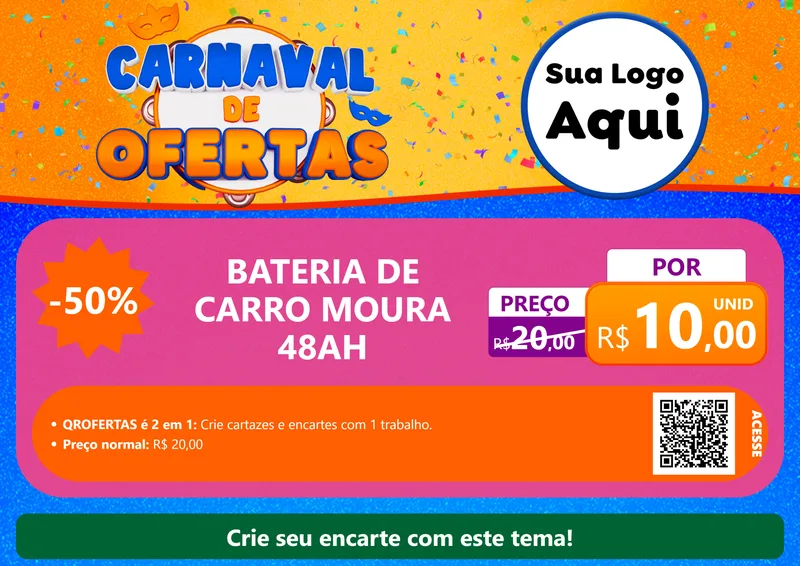 Modelo de Cartaz para Cartaz A4 Horizontal com o tema Carnaval de Ofertas para Baterias Elétricas