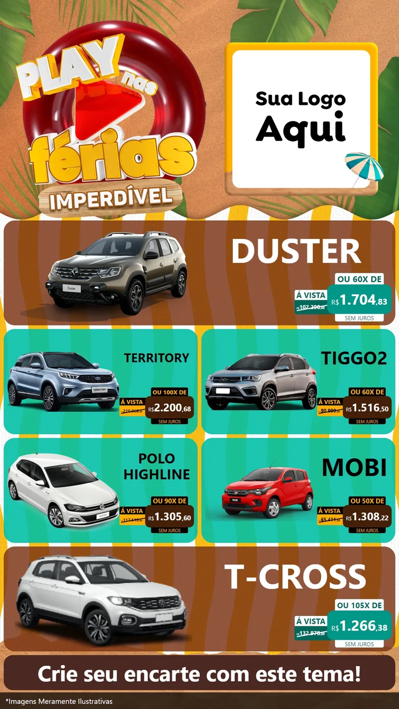 Modelo de TV para TV Vertical com o tema Play Nas Férias Imperdível para Concessionaria de Carros