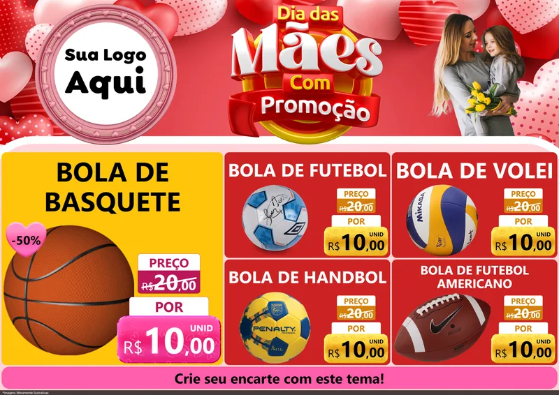 Modelo de Encarte para Encarte A4 Horizontal com o tema Dia Das Mães Com Promoção para Artigos Esportivos