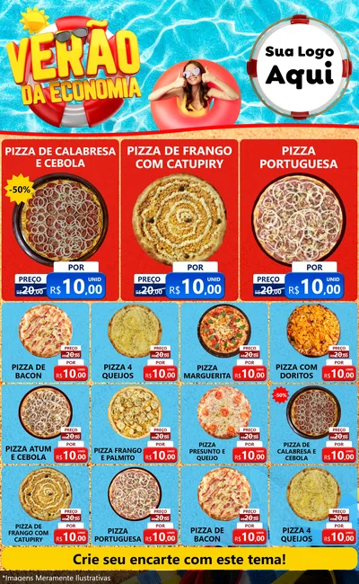 Modelo de Encarte para Encarte Grande com o tema Verão da Economia para Pizzaria