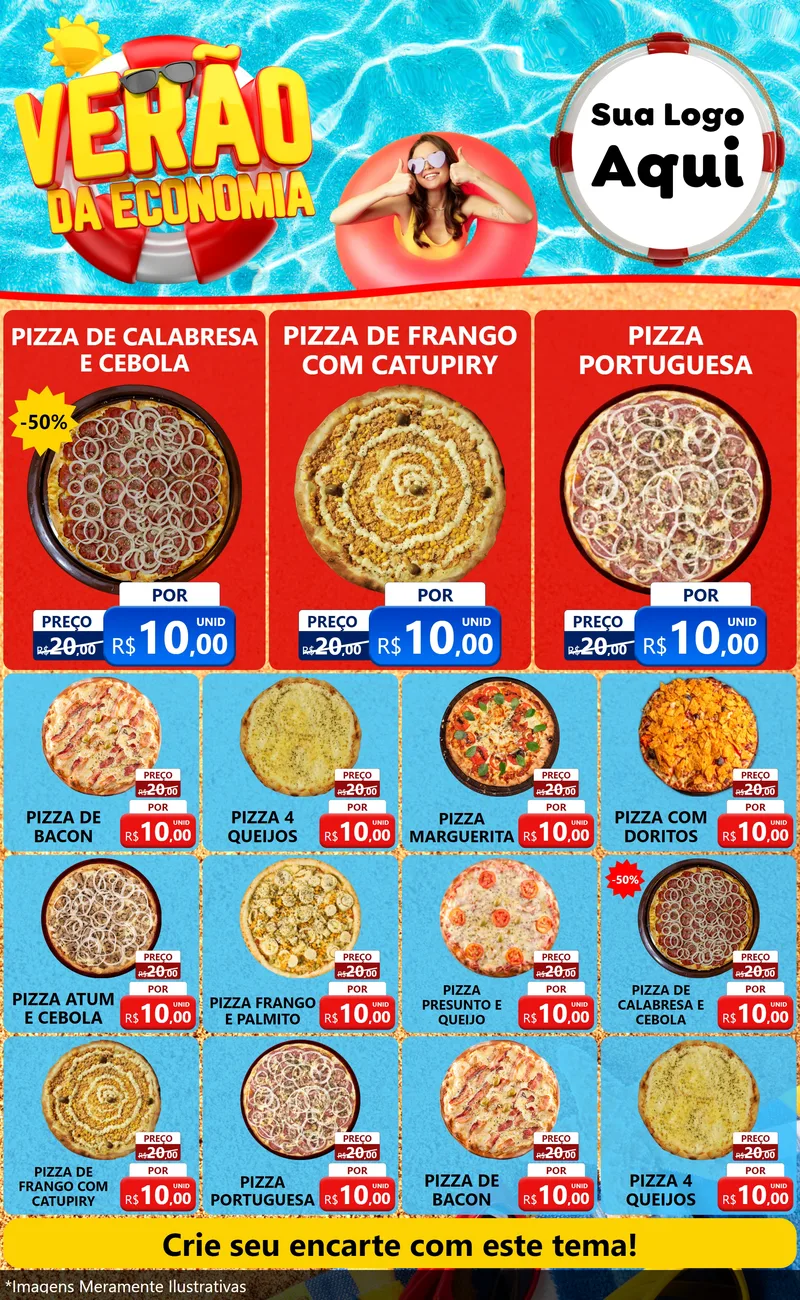 Modelo de Encarte para Encarte Grande com o tema Verão da Economia para Pizzaria
