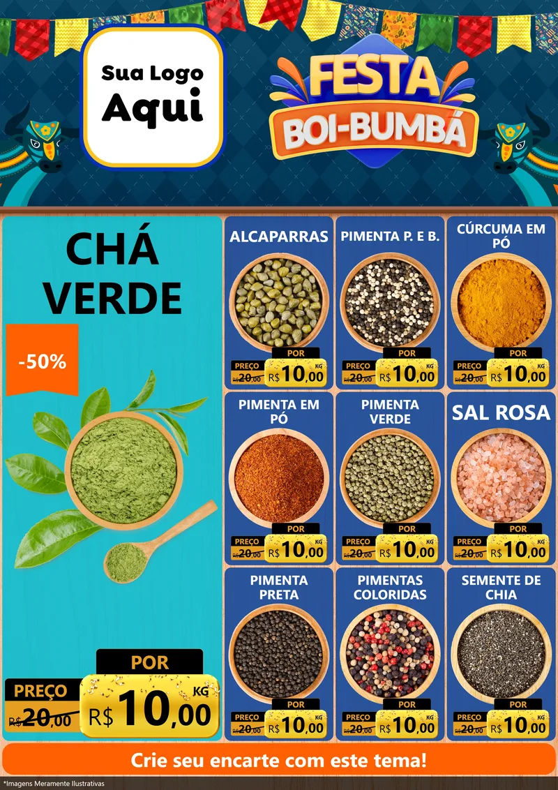 Modelo de Encarte para Encarte A4 Vertical com o tema Festa Boi Bumbá para Produtos Naturais