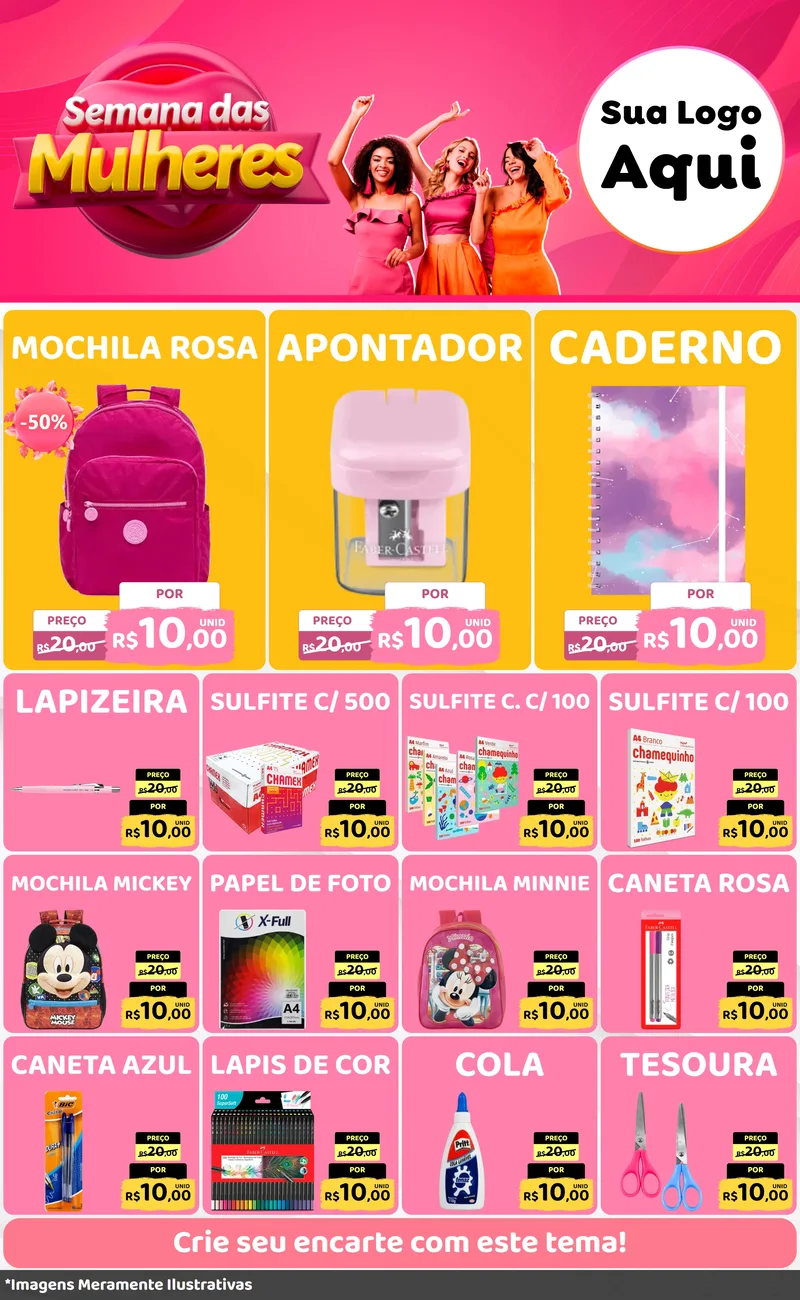Modelo de Encarte para Encarte Grande com o tema Semana das Mulheres para Papelaria
