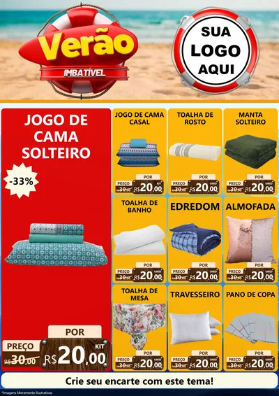 Modelo de Encarte para Encarte A4 Vertical com o tema Verão Imbatível para Cama, Mesa e Banho