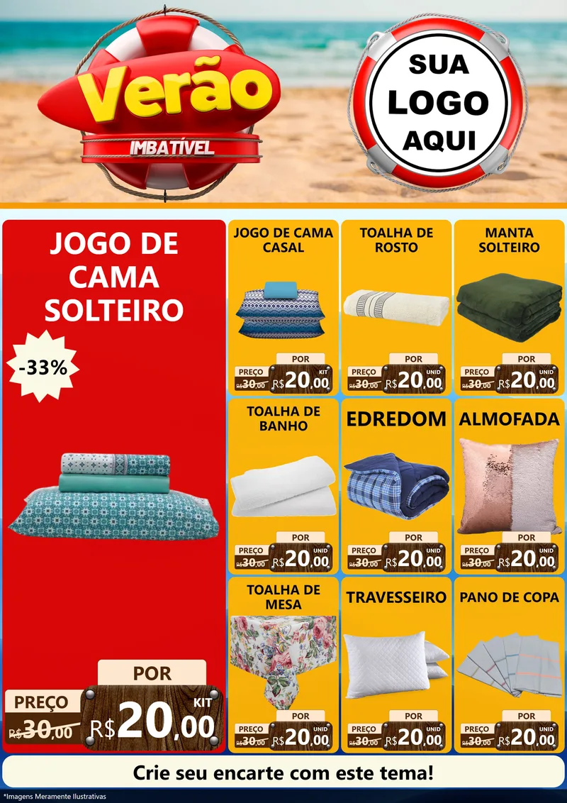 Modelo de Encarte para Encarte A4 Vertical com o tema Verão Imbatível para Cama, Mesa e Banho