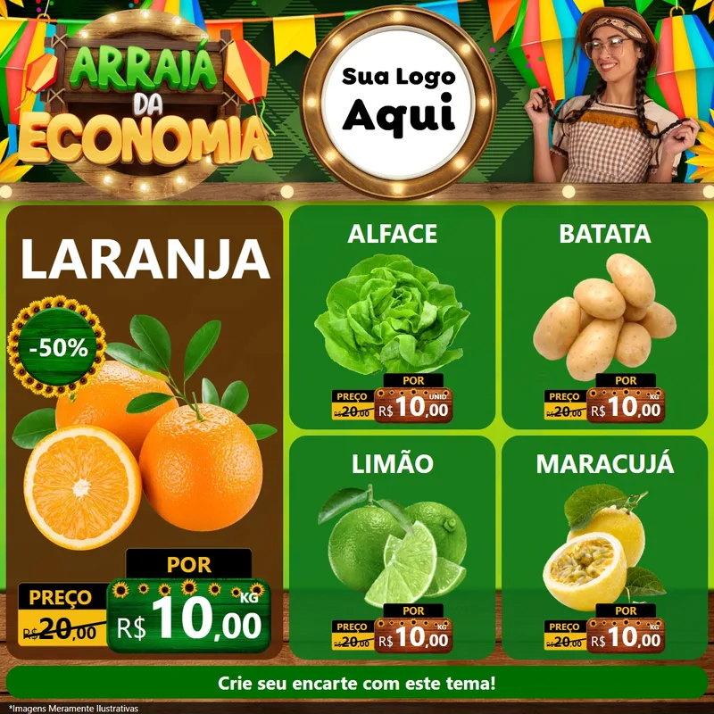Modelo de Rede Social para Feed Facebook com o tema Arraiá de Economia para Hortifrúti