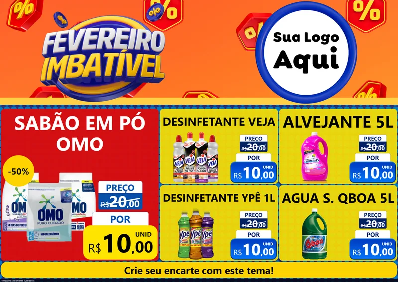 Modelo de Encarte para Encarte A4 Horizontal com o tema Fevereiro Imbatível para Produtos de Limpeza
