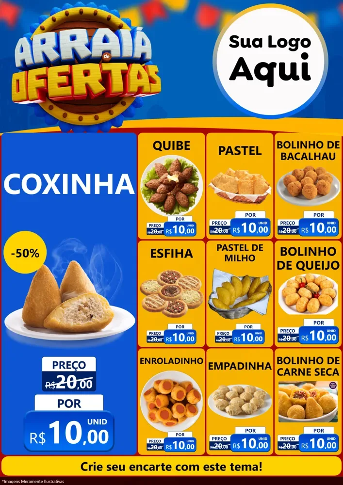 Modelo de Encarte para Encarte A4 Vertical com o tema Arraiá de Ofertas - Junina para Salgadaria