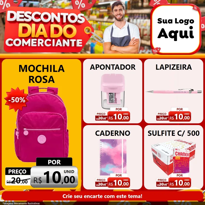 Modelo de Rede Social para Feed Facebook com o tema Descontos Dia do Comerciante para Papelaria