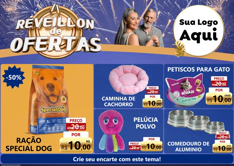 Modelo de Encarte para Encarte A4 Horizontal com o tema Réveillon de Ofertas para Pet Shop