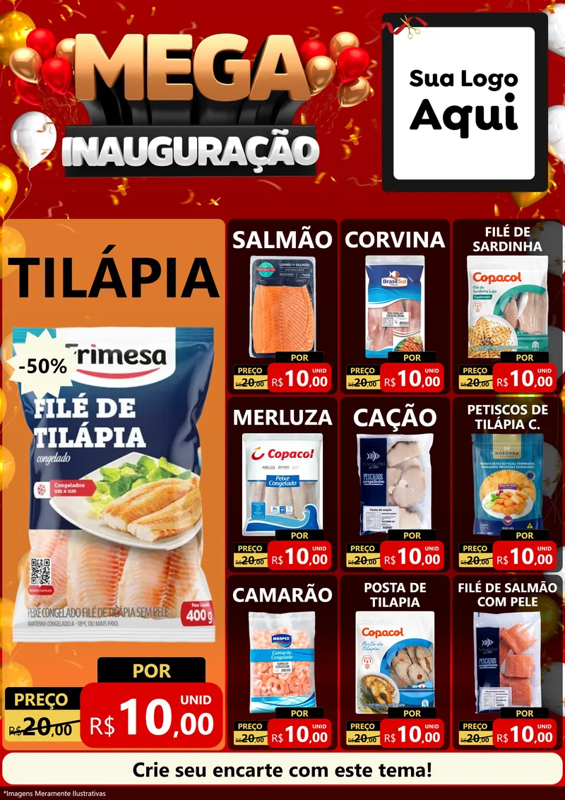 Modelo de Encarte para Encarte A4 Vertical com o tema Mega Inauguração para Peixaria