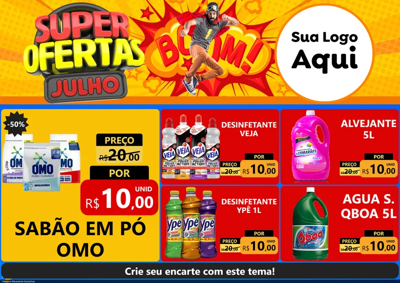 Modelo de Encarte para Encarte A4 Horizontal com o tema Super Ofertas Julho para Produtos de Limpeza