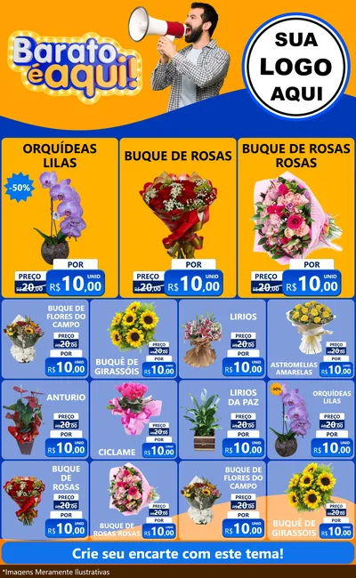 Modelo de Encarte para Encarte Grande com o tema Barato é aqui para Floricultura e jardim