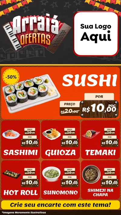 Modelo de Rede Social para Stories com o tema Arraiá de Ofertas - Junina para Comida japonesa