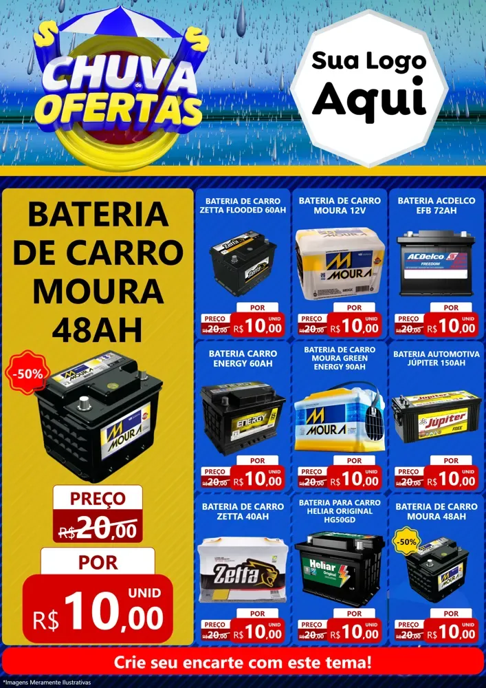 Modelo de Encarte para Encarte A4 Vertical com o tema Chuva de Ofertas para Baterias Elétricas
