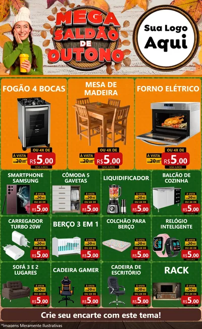 Modelo de Encarte para Encarte Grande com o tema Mega Saldão de Outono para Móveis e Eletro