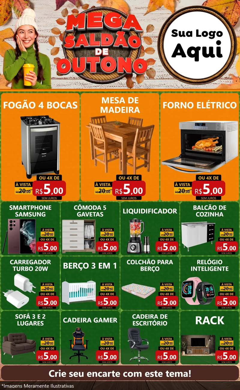 Modelo de Encarte para Encarte Grande com o tema Mega Saldão de Outono para Móveis e Eletro
