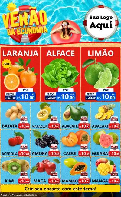 Modelo de Encarte para Encarte Grande com o tema Verão da Economia para Hortifrúti