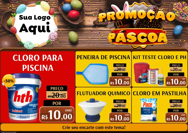 Modelo de Encarte para Encarte A4 Horizontal com o tema Promoção Páscoa para Produtos para Piscina
