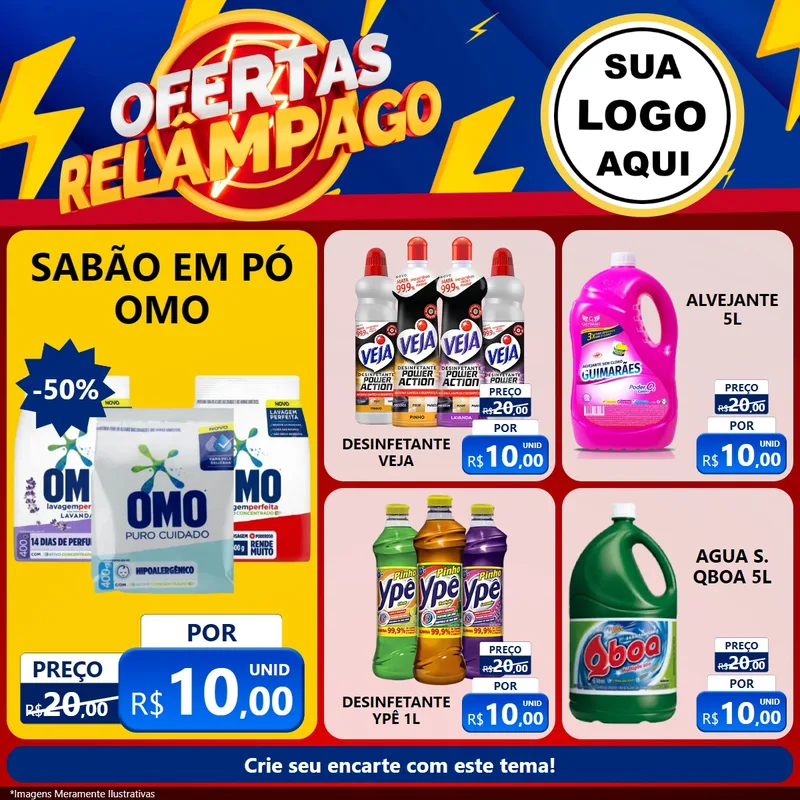 Modelo de Rede Social para Feed Facebook com o tema Ofertas Relâmpago para Produtos de Limpeza