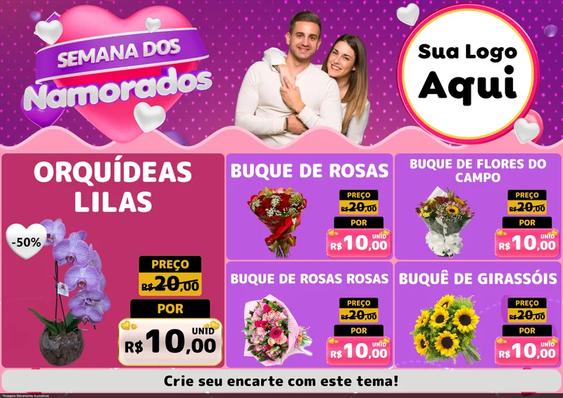 Modelo de Encarte para Encarte A4 Horizontal com o tema Semana dos Namorados para Floricultura e jardim