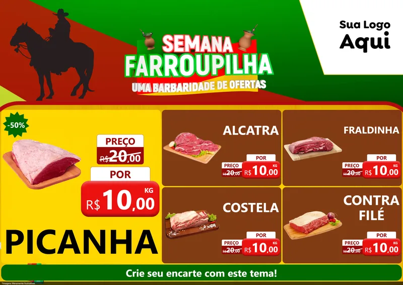 Modelo de Encarte para Encarte A4 Horizontal com o tema Semana Farroupilha - Uma Barbaridade de Ofertas para Açougue