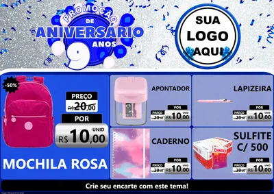 Modelo de Encarte para Encarte A4 Horizontal com o tema Promoção de Aniversário - 9 Anos para Papelaria
