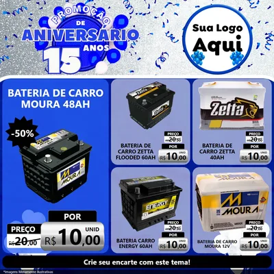 Modelo de Rede Social para Feed Facebook com o tema Promoção de Aniversário - 15 Anos para Baterias Elétricas