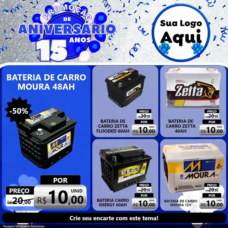 Modelo de Rede Social para Feed Facebook com o tema Promoção de Aniversário - 15 Anos para Baterias Elétricas