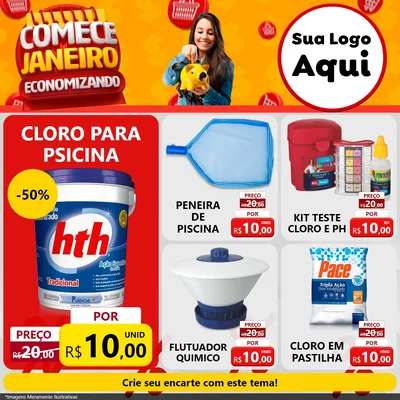 Modelo de Rede Social para Feed Facebook com o tema Comece Janeiro Economizando para Produtos para Piscina