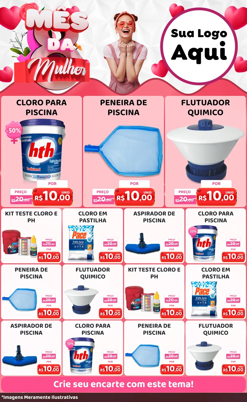 Modelo de Encarte para Encarte Grande com o tema Mês da Mulher para Produtos para Piscina