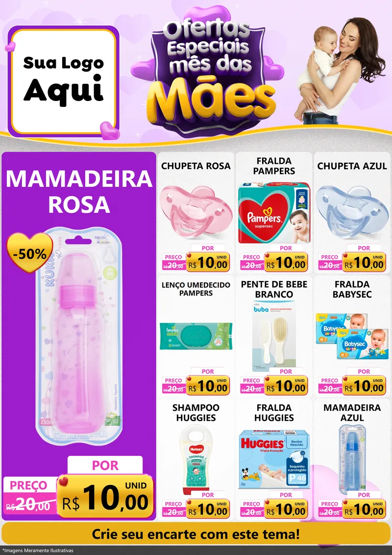 Modelo de Encarte para Encarte A4 Vertical com o tema Ofertas Especiais - Mês das Mães para Bebês