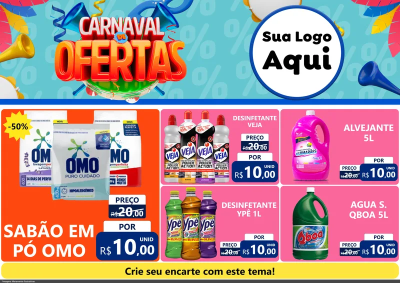 Modelo de Encarte para Encarte A4 Horizontal com o tema Carnaval de Ofertas para Produtos de Limpeza