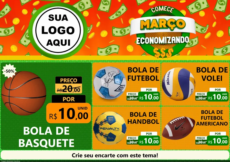Modelo de Encarte para Encarte A4 Horizontal com o tema Comece Março Economizando para Artigos Esportivos