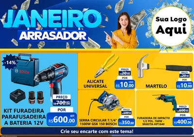 Modelo de Encarte para Encarte A4 Horizontal com o tema Janeiro Arrasador para Maquinas e Ferramentas