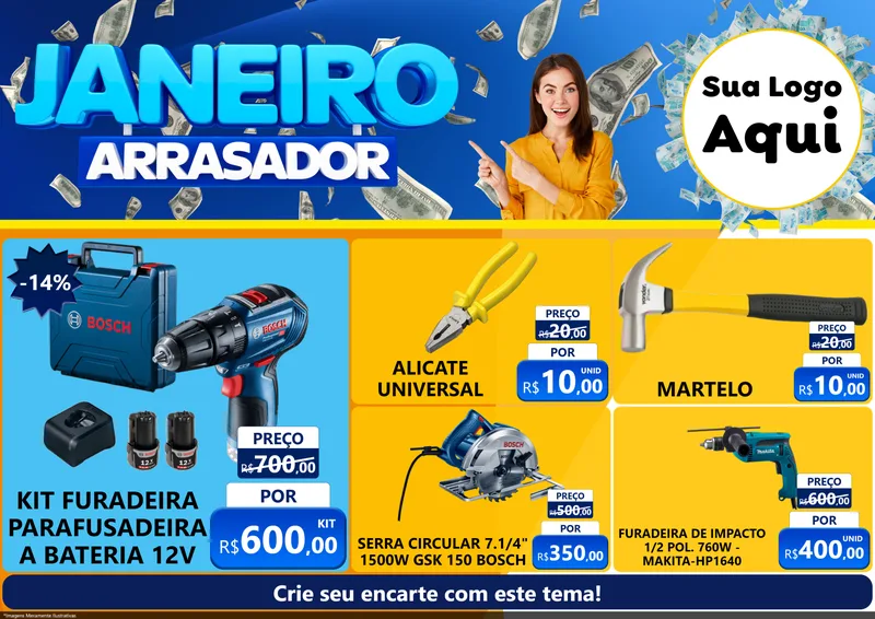 Modelo de Encarte para Encarte A4 Horizontal com o tema Janeiro Arrasador para Maquinas e Ferramentas