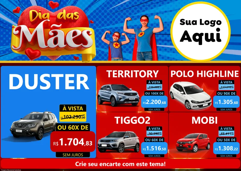 Modelo de Encarte para Encarte A4 Horizontal com o tema Dia das Mães para Concessionaria de Carros