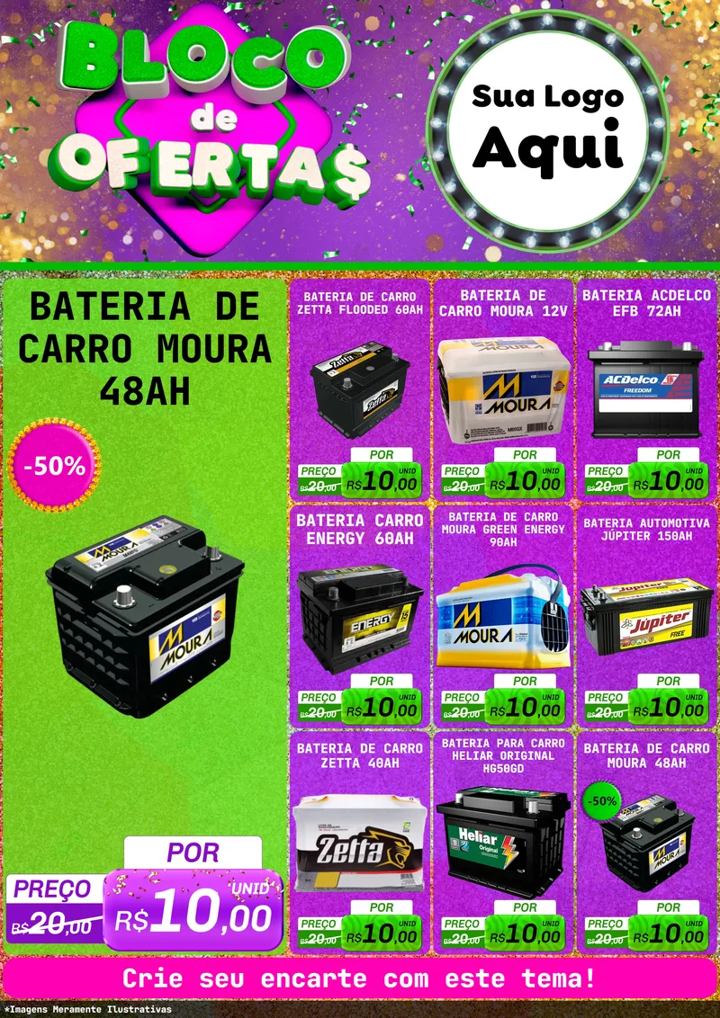 Modelo de Encarte para Encarte A4 Vertical com o tema Bloco de Ofertas para Baterias Elétricas