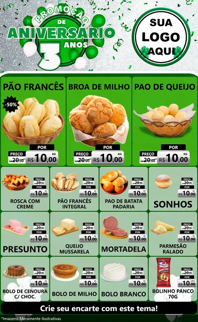 Modelo de Encarte para Encarte Grande com o tema Promoção de Aniversário - 3 Anos para Padaria