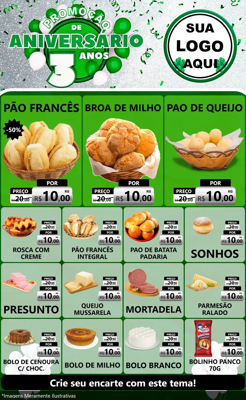 Modelo de Encarte para Encarte Grande com o tema Promoção de Aniversário - 3 Anos para Padaria
