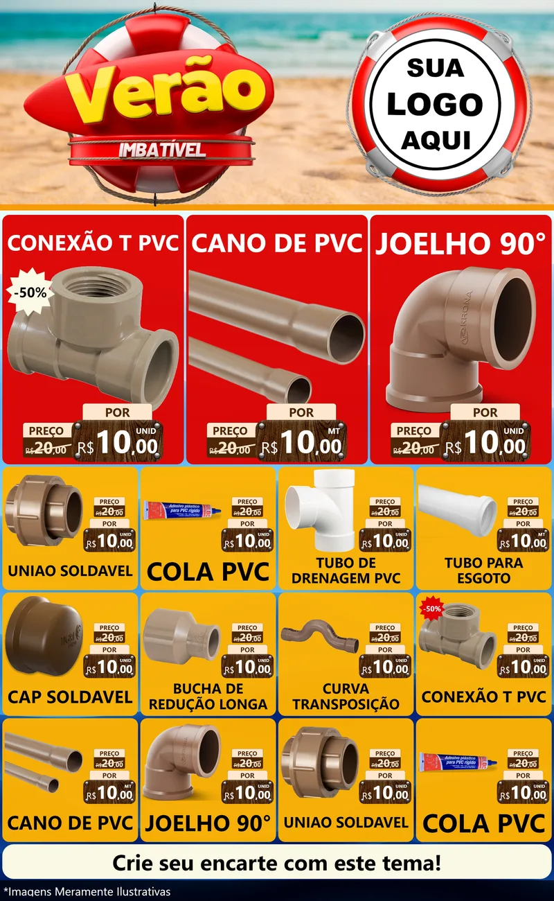 Modelo de Encarte para Encarte Grande com o tema Verão Imbatível para Tubos e conexões