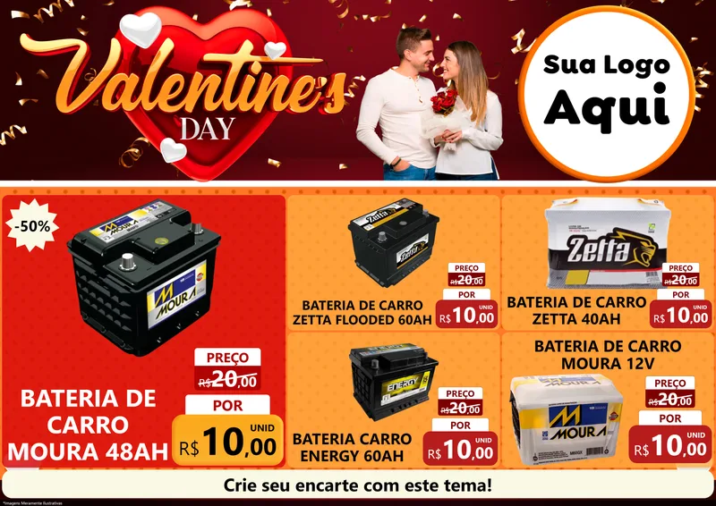 Modelo de Encarte para Encarte A4 Horizontal com o tema Valentine's Day para Baterias Elétricas