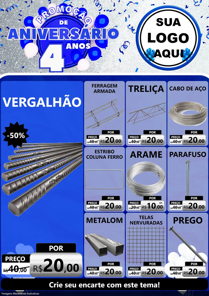 Modelo de Encarte para Encarte A4 Vertical com o tema Promoção de Aniversário - 4 Anos para Ferragens