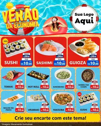 Modelo de Rede Social para Feed Instagram com o tema Verão da Economia para Comida japonesa